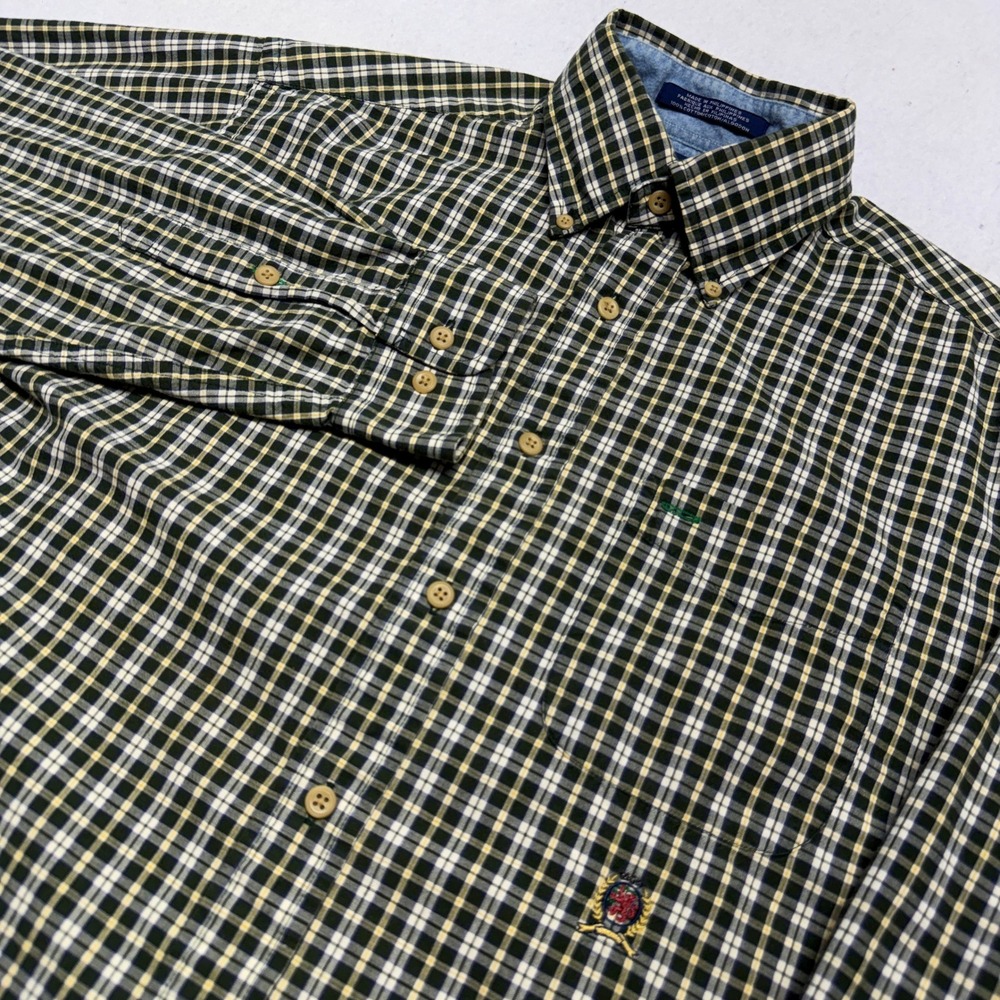 Vintage Tommy Hilfiger Plaid Button Down Shirt Crest Mens Medium Green Yellow